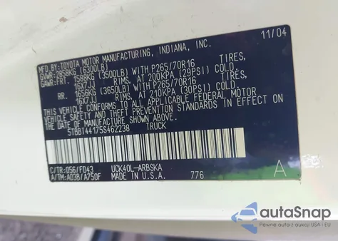 2005 Toyota Tundra Sr5 V8 from USA, damaged, VIN 5TBBT44175S462238